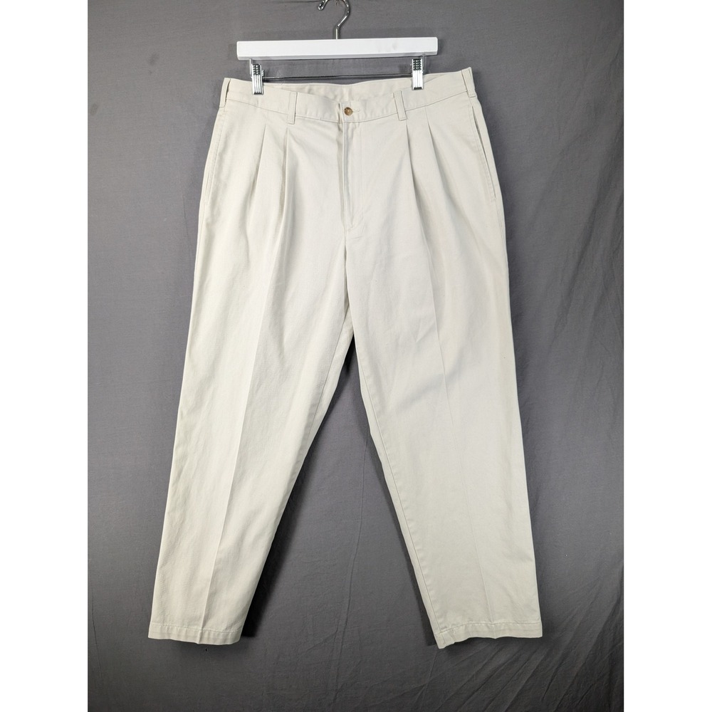 Bill Blass Mens 36x30 Pleated Chino Pants Beige Cotton Twill‎ Casual Trousers